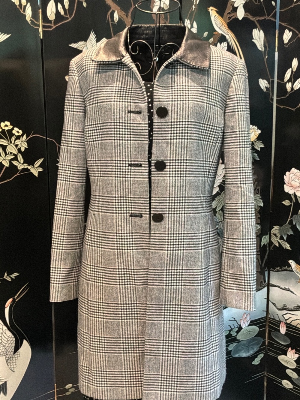 Classiques Entier wool blend Gray Plaid Long Coat with Leather Collar- Petite 10